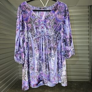 1X APT 9 Velvet V-neck 3/4 sleeves blue purple tie dye Babydoll Tunic